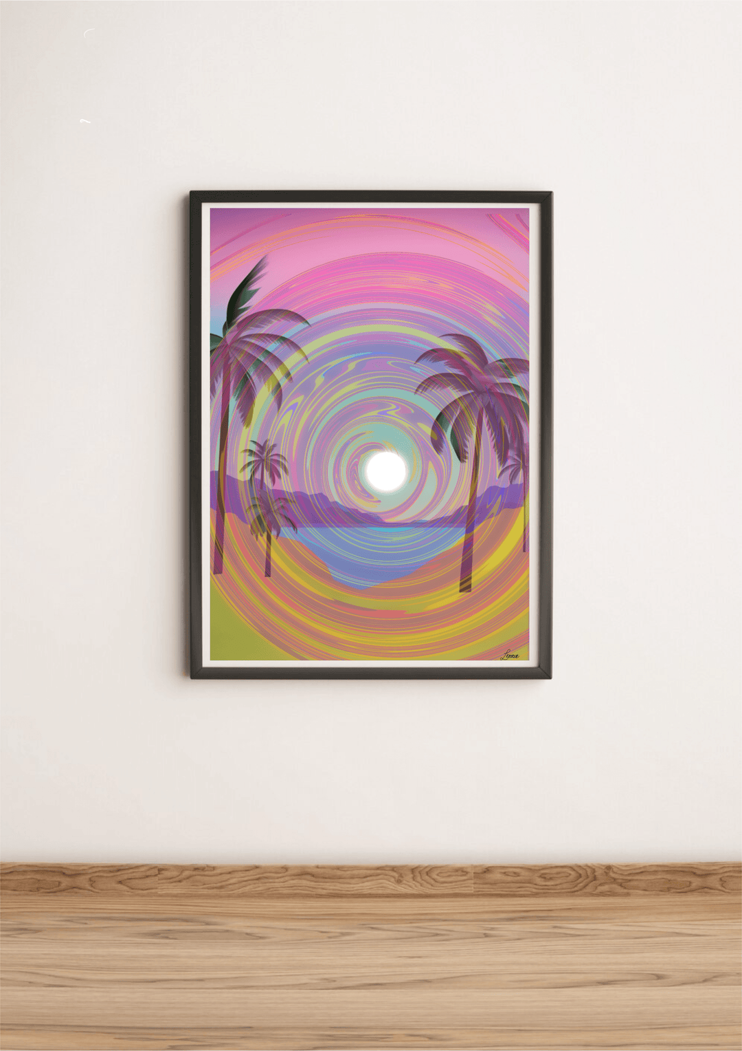 Introducing "Serene Seaside Harmony," a mesmerizing framed abstract artwork that effortlessly brings coastal vibes to any room! Picture this beautiful piece leaning gracefully against a crisp white wall on a warm wooden floor. It's a swirl of dreamy pastel colors encircling a central white circle, with charming silhouettes of palm trees and distant mountains woven into the design. The result is an enchanting, psychedelic beach scene in captivating shades of pink, purple, and yellow. Perfect for those lookin