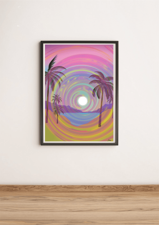 Introducing "Serene Seaside Harmony," a mesmerizing framed abstract artwork that effortlessly brings coastal vibes to any room! Picture this beautiful piece leaning gracefully against a crisp white wall on a warm wooden floor. It's a swirl of dreamy pastel colors encircling a central white circle, with charming silhouettes of palm trees and distant mountains woven into the design. The result is an enchanting, psychedelic beach scene in captivating shades of pink, purple, and yellow. Perfect for those lookin