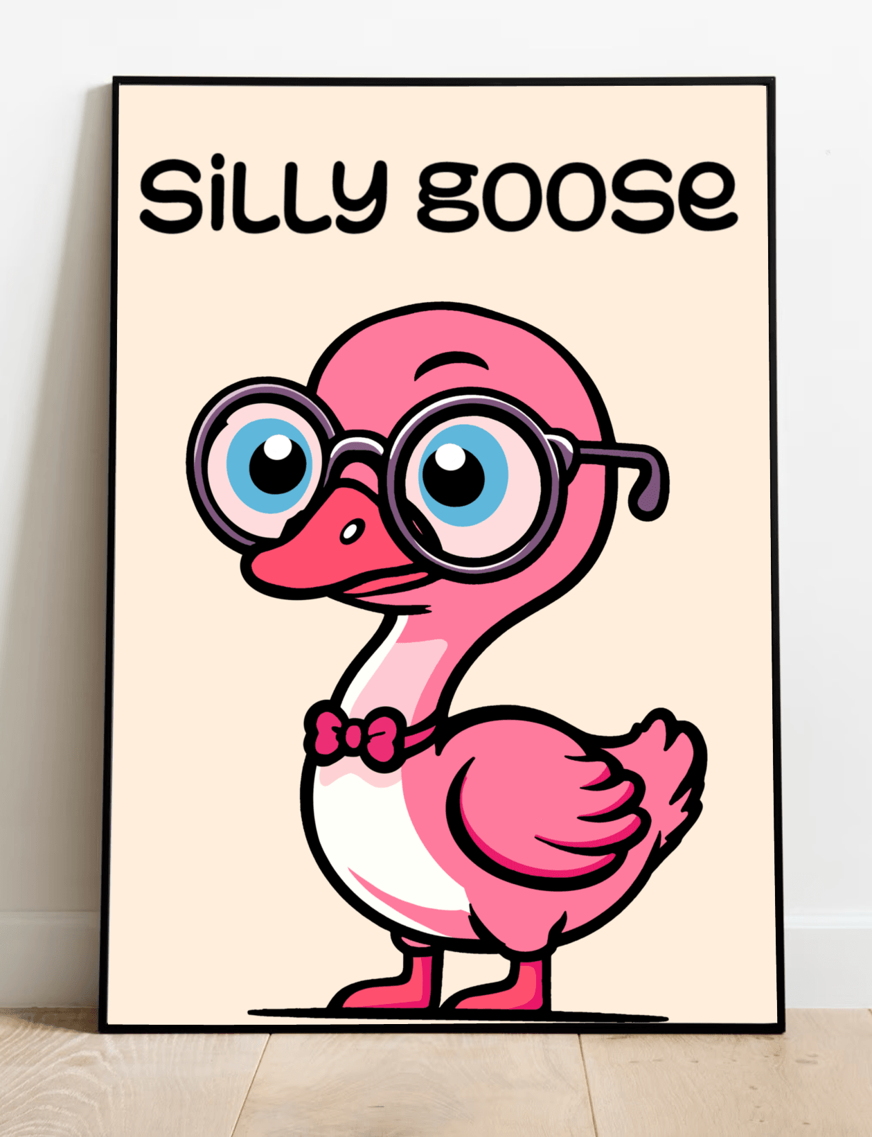 Meet the Silly Goose Print! This delightful framed poster showcases a playful cartoon pink goose rocking some oversized round glasses and a snazzy red bow tie. It's confidently perched on a wooden floor, set against a crisp white wall backdrop. Above our fashionable feathered friend, "SILLY GOOSE" pops in vibrant colors, infusing whimsical charm into this Sunshine print. The minimalist light beige background really lets the fun design take center stage!