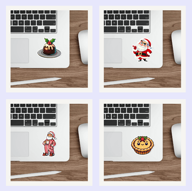 Christmas Sticker Bundle featuring Christmas pudding, mince pie, sassy Santa, and cozy Santa designs. Perfect for laptops, water bottles, and holiday decorations. 
