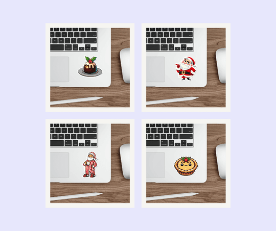 Christmas Sticker Bundle featuring Christmas pudding, mince pie, sassy Santa, and cozy Santa designs. Perfect for laptops, water bottles, and holiday decorations. Set of 4 waterproof stickers bundled for £8