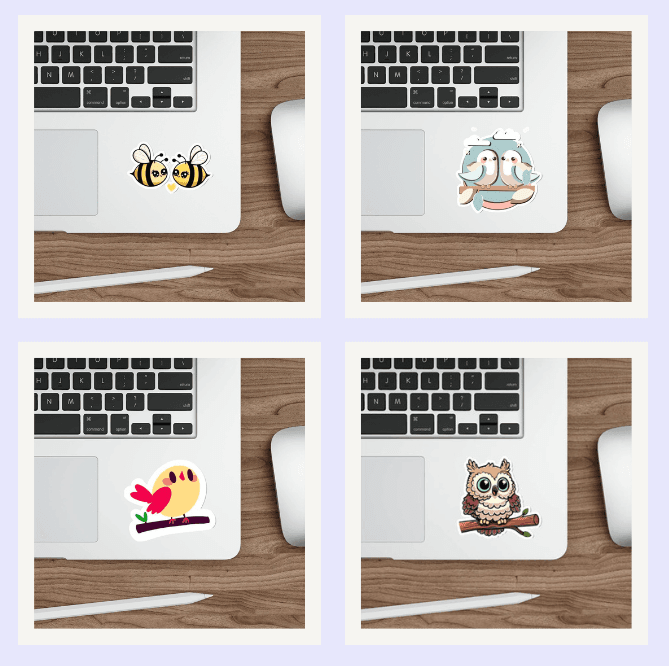 Top Left: Two adorable bees, buzzing with love, perfect for decorating laptops or planners with a touch of sweetness.
Top Right: A cheerful and quirky fish design, ideal for adding charm to your devices or notebooks.
Bottom Left: A vibrant and playful bird perched on a branch, bringing color and happiness to your personal items.
Bottom Right: A wise and cute owl sitting on a branch, perfect for owl lovers looking to accessorize with style.
