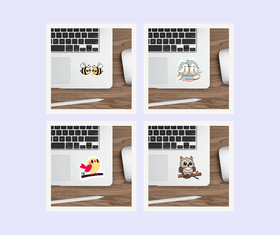 Top Left: Two adorable bees, buzzing with love, perfect for decorating laptops or planners with a touch of sweetness.
Top Right: A cheerful and quirky fish design, ideal for adding charm to your devices or notebooks.
Bottom Left: A vibrant and playful bird perched on a branch, bringing color and happiness to your personal items.
Bottom Right: A wise and cute owl sitting on a branch, perfect for owl lovers looking to accessorize with style.
