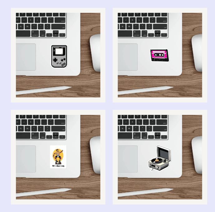 Retro Sticker Bundle: A collection of retro-themed stickers, including a classic Gameboy, vinyl record player, and a vintage cassette tape, ideal for expressing your love for the '90s and early 2000s.  KEOLIX 