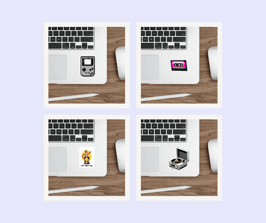 Retro Sticker Bundle: A collection of retro-themed stickers, including a classic Gameboy, vinyl record player, and a vintage cassette tape, ideal for expressing your love for the &