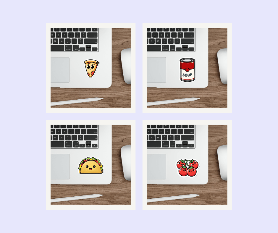 Food-themed waterproof sticker bundle featuring a taco, soup can, and more, perfect for foodies. KEOLIX 