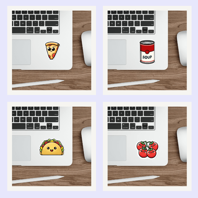 Food-themed waterproof sticker bundle featuring a taco, soup can, and more, perfect for foodies. KEOLIX 