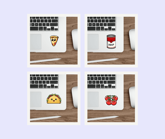Food-themed waterproof sticker bundle featuring a taco, soup can, and more, perfect for foodies. KEOLIX 