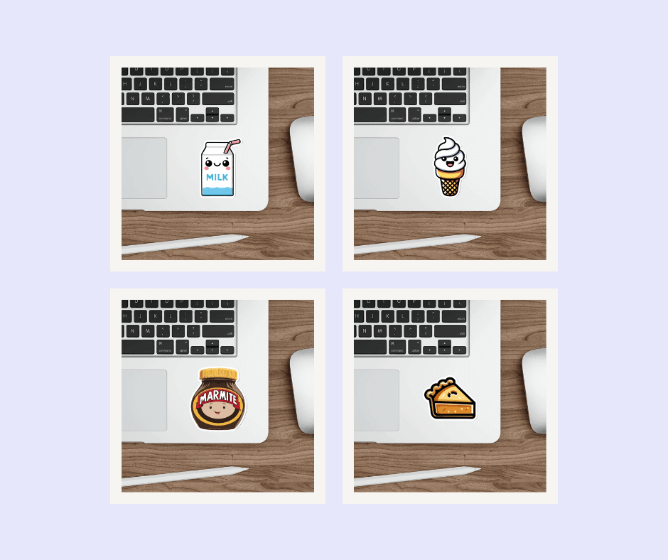 Fun food-themed waterproof sticker bundle, including milk, pie, and ice cream. KEOLIX 