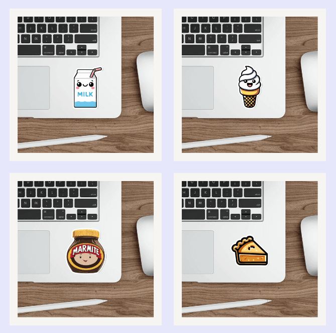 Fun food-themed waterproof sticker bundle, including milk, pie, and ice cream. KEOLIX 