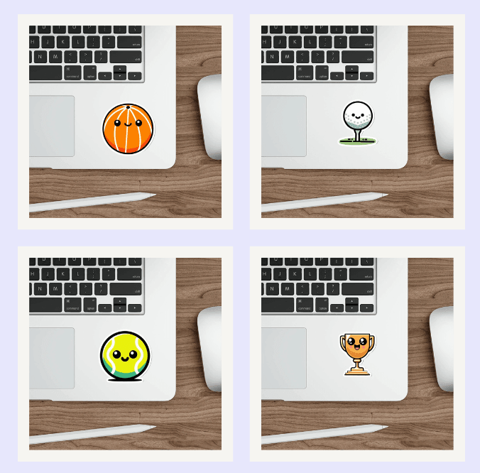 Sports Themed Sticker Bundle: A bundle of sports-themed stickers featuring designs like a basketball and cute fruit mascots, ideal for sports lovers and active individuals.  KEOLIX 