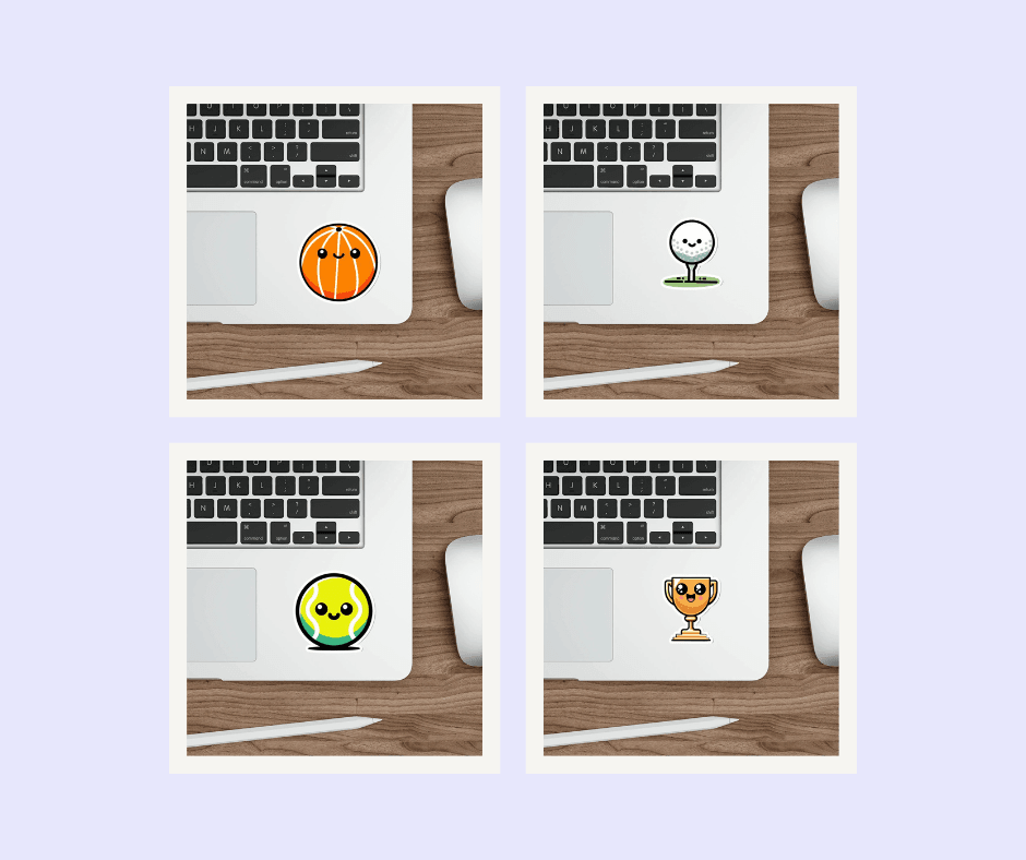 Sports Themed Sticker Bundle: A bundle of sports-themed stickers featuring designs like a basketball and cute fruit mascots, ideal for sports lovers and active individuals.  KEOLIX 