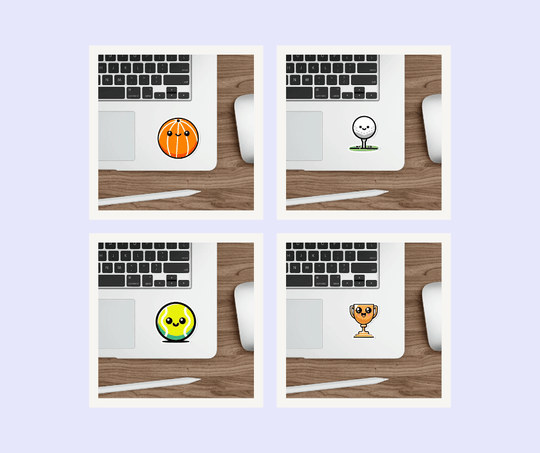 Sports Themed Sticker Bundle: A bundle of sports-themed stickers featuring designs like a basketball and cute fruit mascots, ideal for sports lovers and active individuals.  KEOLIX 