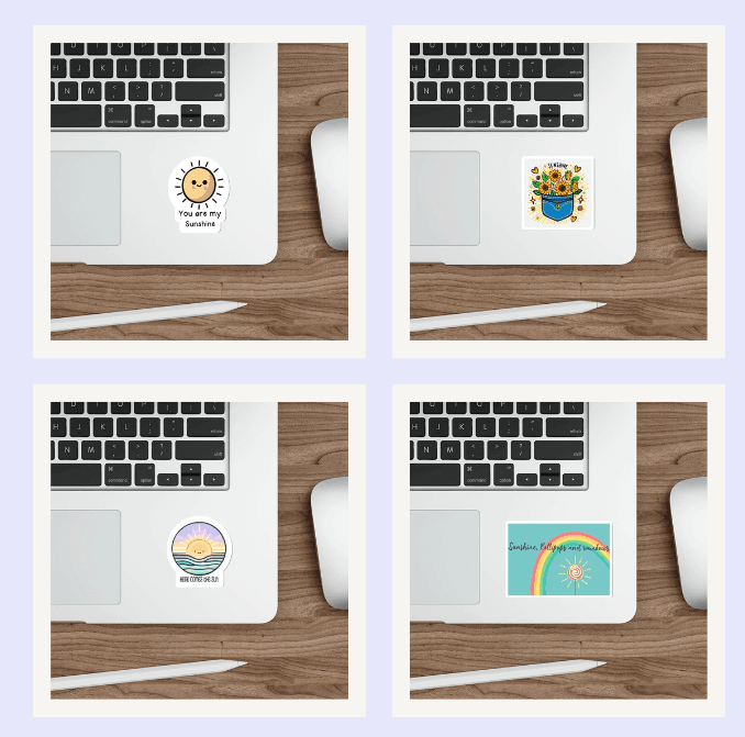 Sunshine Sticker Bundle: A bundle of sunshine-themed stickers including designs of a bright sun, colorful rainbow, and a sunshine lollipop. Perfect for decorating laptops, water bottles, notebooks, and more.  KEOLIX 
