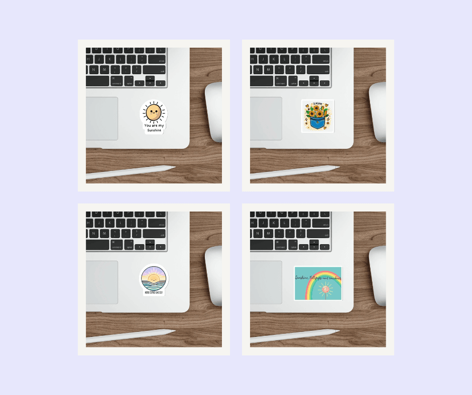 Sunshine Sticker Bundle: A bundle of sunshine-themed stickers including designs of a bright sun, colorful rainbow, and a sunshine lollipop. Perfect for decorating laptops, water bottles, notebooks, and more.  KEOLIX 
