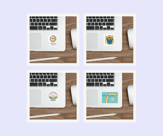 Sunshine Sticker Bundle: A bundle of sunshine-themed stickers including designs of a bright sun, colorful rainbow, and a sunshine lollipop. Perfect for decorating laptops, water bottles, notebooks, and more.  KEOLIX 
