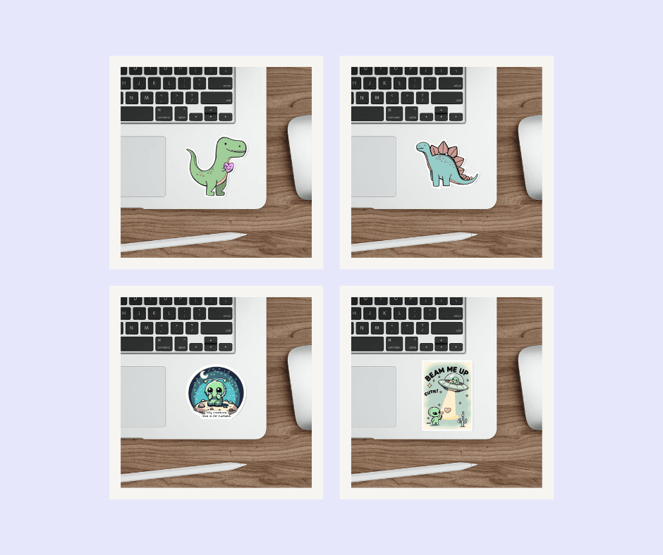 Whimsical Creatures Sticker Bundle – A delightful bundle featuring playful and whimsical creatures like dinosaurs and mythical beings, perfect for adding magic to your everyday items. Waterproof and durable. Baby Keo.