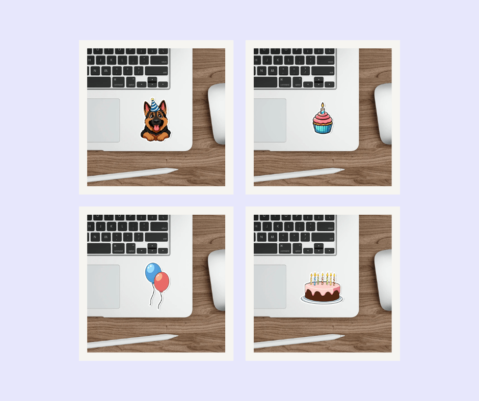 Stylish birthday sticker bundle featuring fun designs like balloons, cakes, and party themes. Ideal for birthday celebrations - Baby Keo