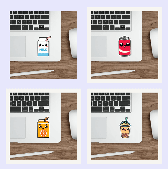 A waterproof sticker bundle featuring cute beverage designs like bubble tea, soda cans, and juice boxes. Great for drink lovers or for adding a playful touch to your collection  KEOLIX
