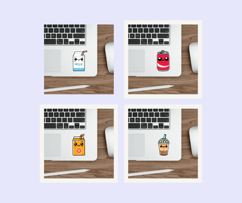 A waterproof sticker bundle featuring cute beverage designs like bubble tea, soda cans, and juice boxes. Great for drink lovers or for adding a playful touch to your collection  KEOLIX