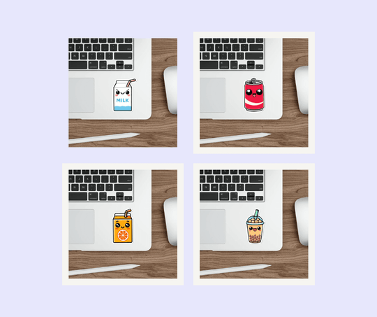 A waterproof sticker bundle featuring cute beverage designs like bubble tea, soda cans, and juice boxes. Great for drink lovers or for adding a playful touch to your collection  KEOLIX