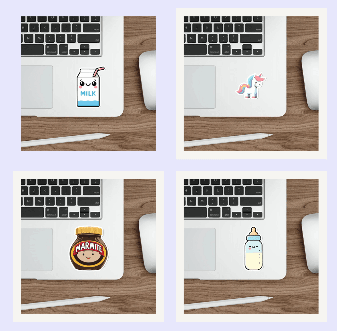 A bundle of cute waterproof stickers including milk carton, marmite jar, unicorn, and more, perfect for customizing bottles and notebooks. KEOLIX 