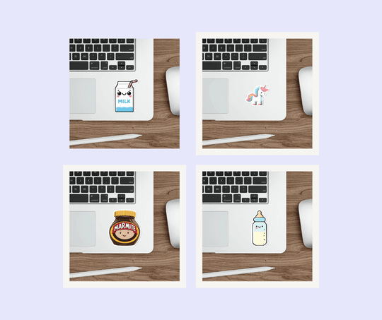 A bundle of cute waterproof stickers including milk carton, marmite jar, unicorn, and more, perfect for customizing bottles and notebooks. KEOLIX 