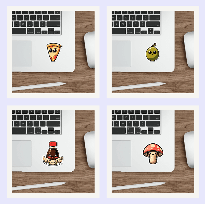 Fun food-themed waterproof sticker bundle, featuring pizza, mushrooms, and more. Perfect for decorating your belongings. KEOLIX 