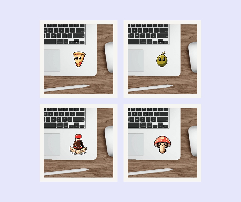 Fun food-themed waterproof sticker bundle, featuring pizza, mushrooms, and more. Perfect for decorating your belongings. KEOLIX 