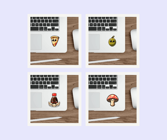 Fun food-themed waterproof sticker bundle, featuring pizza, mushrooms, and more. Perfect for decorating your belongings. KEOLIX 