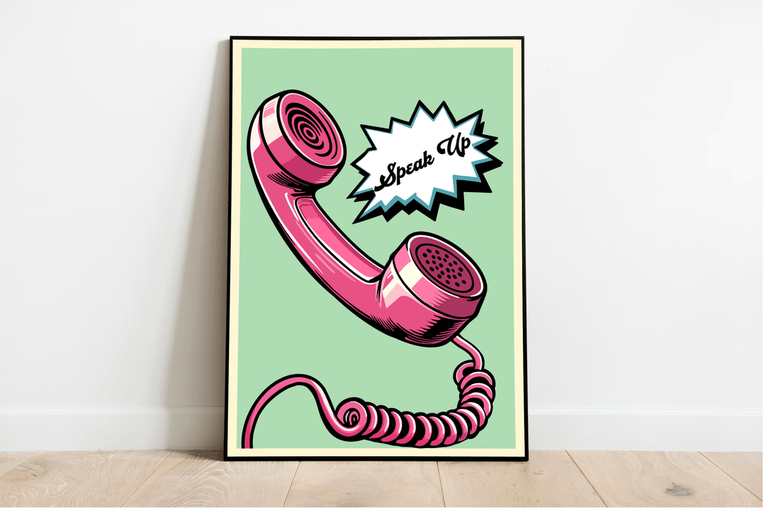 Looking to add a splash of retro flair to your decor? Check out our charming Speak Up Print, framed and ready to steal the spotlight! Perfectly propped against a crisp white wall on a cozy wooden floor, this print is pure pop art magic. Featuring a vibrant pink rotary phone handset with its nostalgic coiled cord, all set against a lively green background. And let's not forget the bold speech bubble urging you to "Speak Up"—it's all about capturing that vintage vibe with modern style!