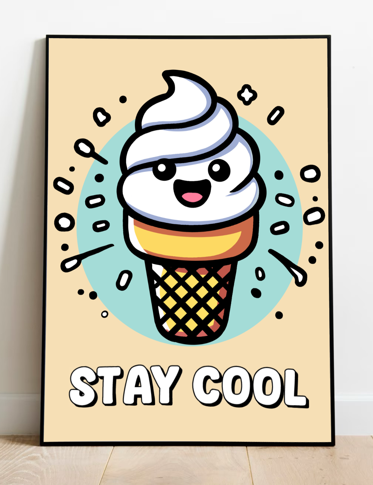 Check out the playful "Stay Cool Print" art piece! Picture this: an adorable cartoon ice cream cone flashing a friendly smile, surrounded by colorful sprinkles and tiny droplets. It really pops against the light beige backdrop. Plus, those bold words "STAY COOL" add a whimsical finishing touch to this delightful scene. Perfect for adding some fun vibes to any room!