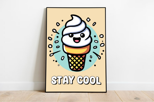 Check out the playful "Stay Cool Print" art piece! Picture this: an adorable cartoon ice cream cone flashing a friendly smile, surrounded by colorful sprinkles and tiny droplets. It really pops against the light beige backdrop. Plus, those bold words "STAY COOL" add a whimsical finishing touch to this delightful scene. Perfect for adding some fun vibes to any room!