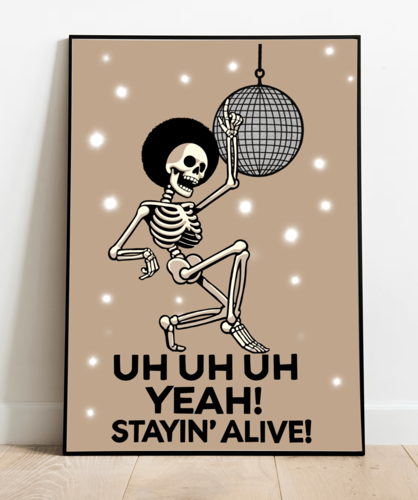 Art print featuring a whimsical skeleton in a dance pose, embodying the spirit of fun and resilience. The skeleton is surrounded by vibrant colors and playful elements, capturing the essence of the classic disco vibe and the phrase 'Stayin' Alive,' evoking a sense of joy and celebration of life.