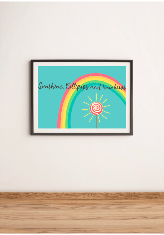 Bright and cheerful art print featuring a rainbow and lollipop with the text 'Sunshine, Lollipops, and Rainbows.' Perfect for adding a pop of color and positivity to any room - Baby Keo