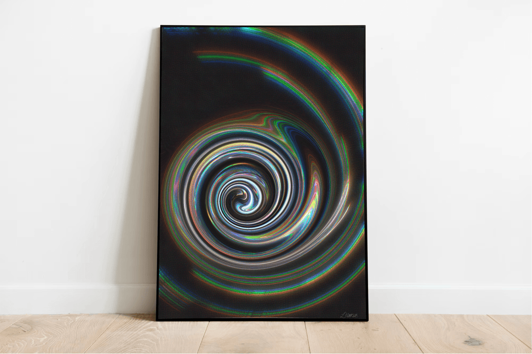 Brighten up your space with the eye-catching Captivating Abstract Swirl Artwork Print! This stunning piece features a mesmerizing pattern of colorful spirals in lively shades of blue, green, red, and white. Placed against a crisp white wall on a warm wooden floor, the artwork pops against its dark background, making those bold swirls truly stand out. Add this vibrant touch to your décor and watch it become the star of the room!