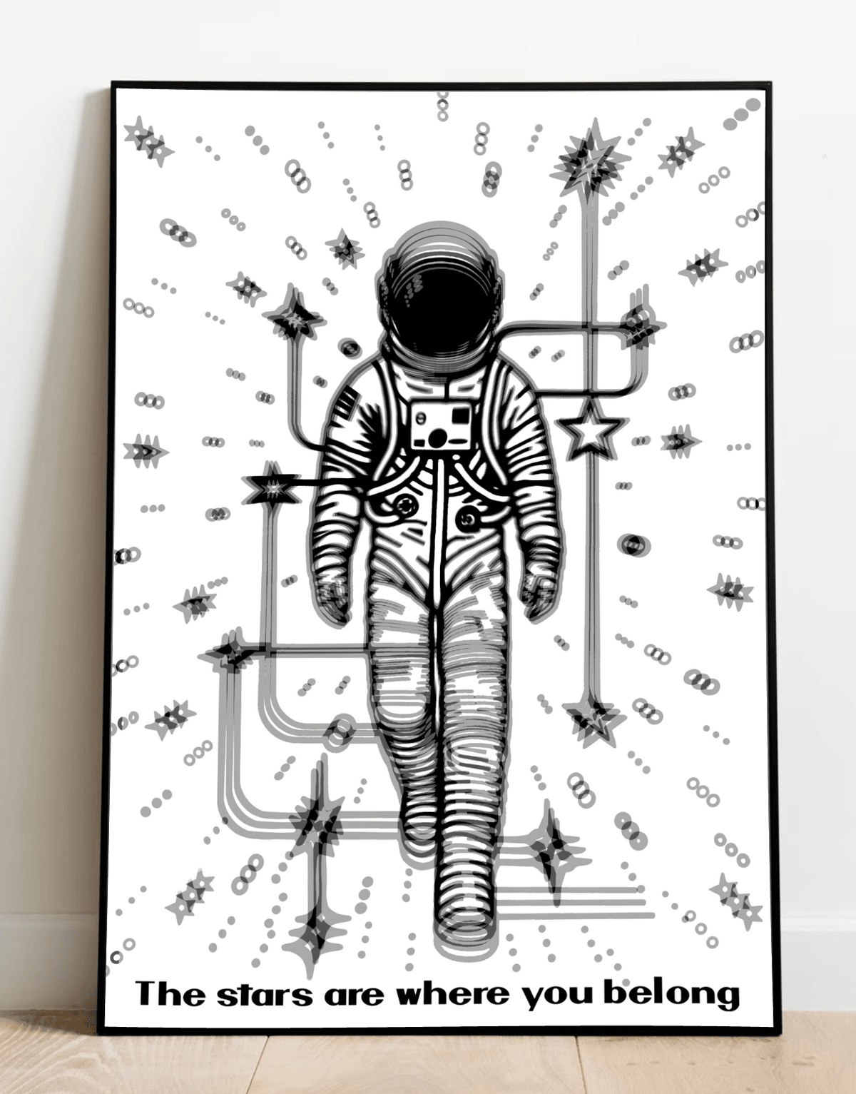 Introducing a captivating black and white masterpiece: "The Stars Are Where You Belong." This enchanting artwork features an astronaut confidently striding forward, enveloped by a dazzling display of stars and intriguing abstract geometric patterns. The suit's intricate design boasts a motif of lines and circles, adding depth and allure to the piece. Below, the inspiring declaration, "The Stars Are Where You Belong," invites viewers to dream big. Elegantly framed against a pristine white wall, this artwork 