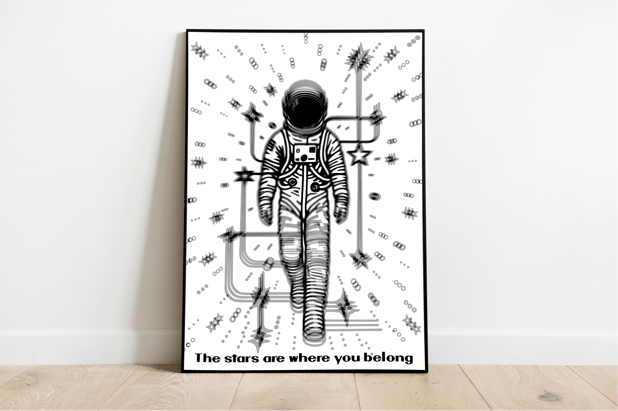 Introducing a captivating black and white masterpiece: "The Stars Are Where You Belong." This enchanting artwork features an astronaut confidently striding forward, enveloped by a dazzling display of stars and intriguing abstract geometric patterns. The suit's intricate design boasts a motif of lines and circles, adding depth and allure to the piece. Below, the inspiring declaration, "The Stars Are Where You Belong," invites viewers to dream big. Elegantly framed against a pristine white wall, this artwork 