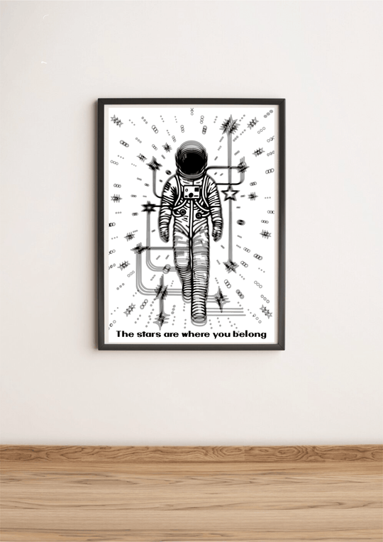 Introducing a captivating black and white masterpiece: "The Stars Are Where You Belong." This enchanting artwork features an astronaut confidently striding forward, enveloped by a dazzling display of stars and intriguing abstract geometric patterns. The suit's intricate design boasts a motif of lines and circles, adding depth and allure to the piece. Below, the inspiring declaration, "The Stars Are Where You Belong," invites viewers to dream big. Elegantly framed against a pristine white wall, this artwork 