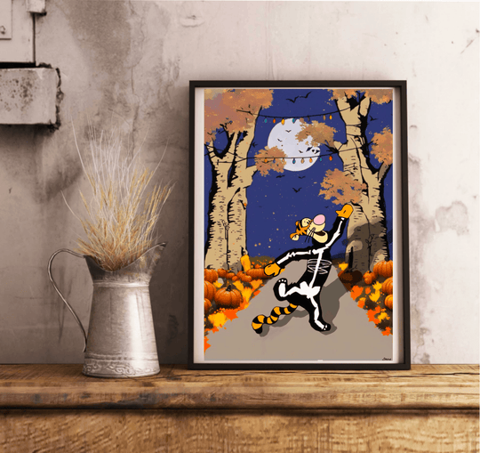 Get ready to sprinkle some Disney magic into your Halloween celebrations with the Tigger Halloween Poster! This charming artwork showcases our favorite animated tiger, Tigger, all dressed up in a playful skeleton costume. He’s having the time of his life jumping along a path lined with colorful autumn trees and vibrant pumpkins. Up in the sky, a bright full moon sets the mood as bats flutter by, while festive string lights twinkle above. Perfect for any room, this framed poster leans effortlessly against a 