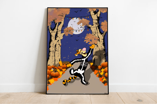 Get ready to sprinkle some Disney magic into your Halloween celebrations with the Tigger Halloween Poster! This charming artwork showcases our favorite animated tiger, Tigger, all dressed up in a playful skeleton costume. He’s having the time of his life jumping along a path lined with colorful autumn trees and vibrant pumpkins. Up in the sky, a bright full moon sets the mood as bats flutter by, while festive string lights twinkle above. Perfect for any room, this framed poster leans effortlessly against a 