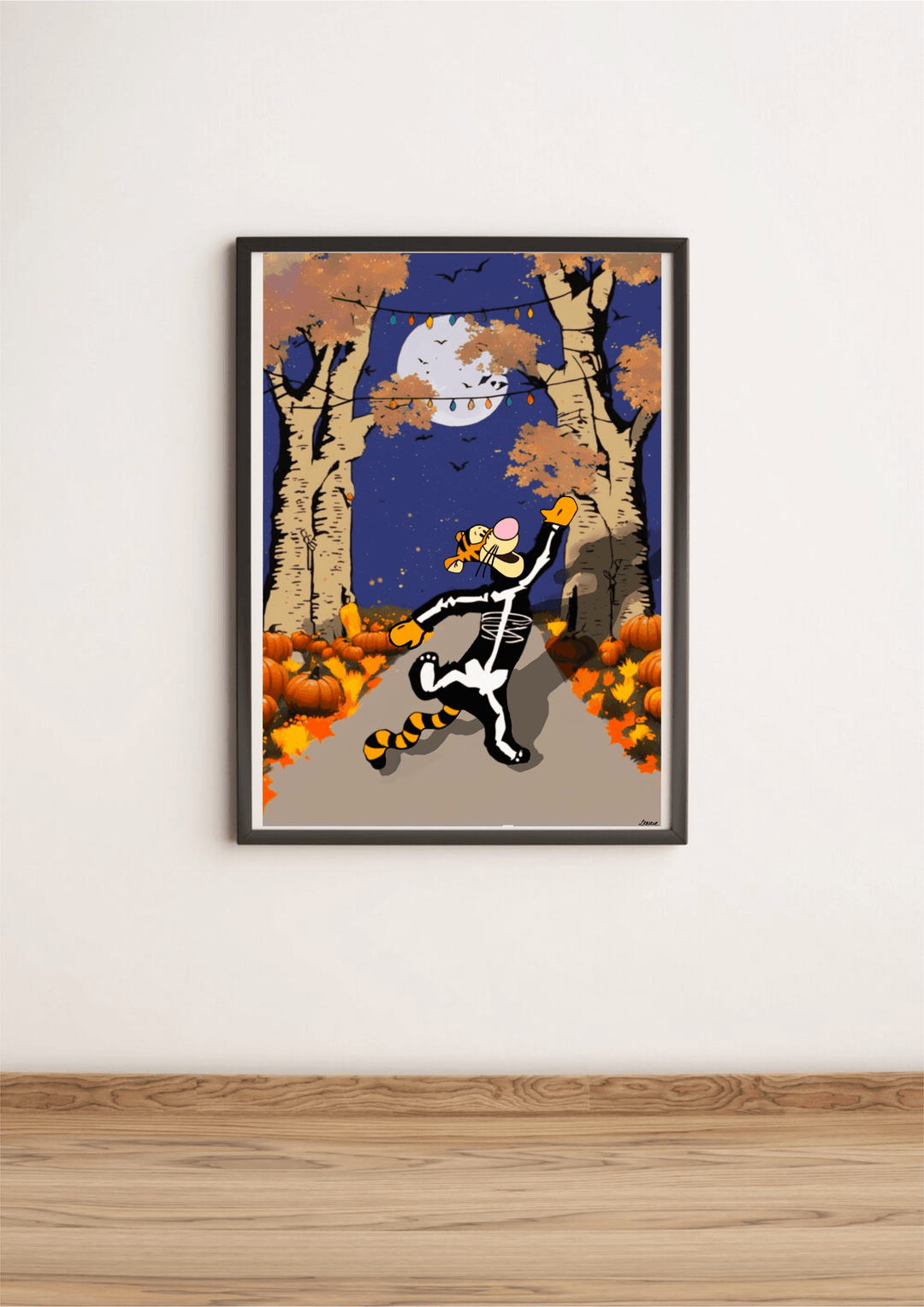 Get ready to sprinkle some Disney magic into your Halloween celebrations with the Tigger Halloween Poster! This charming artwork showcases our favorite animated tiger, Tigger, all dressed up in a playful skeleton costume. He’s having the time of his life jumping along a path lined with colorful autumn trees and vibrant pumpkins. Up in the sky, a bright full moon sets the mood as bats flutter by, while festive string lights twinkle above. Perfect for any room, this framed poster leans effortlessly against a 