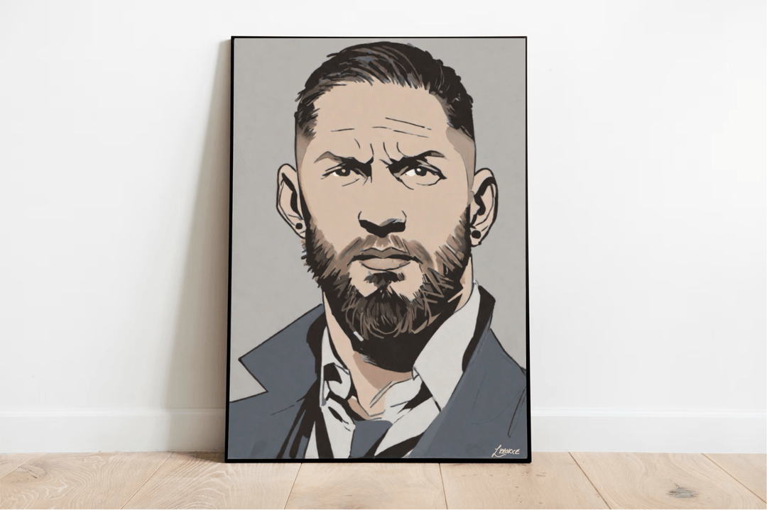 Introducing our "Tom Hardy Cartoon-Styled Portrait" – a charming addition to any space that captures the brooding essence of this iconic actor! This framed illustration features Tom sporting a beard and exuding a serious vibe in his sharp collared shirt and jacket. The print's bold design truly stands out with its vibrant yet muted color palette and striking outlines. Imagine it propped beautifully against a pristine white wall, sitting on a wooden floor, ready to lend an artistic flair to your room. Perfec