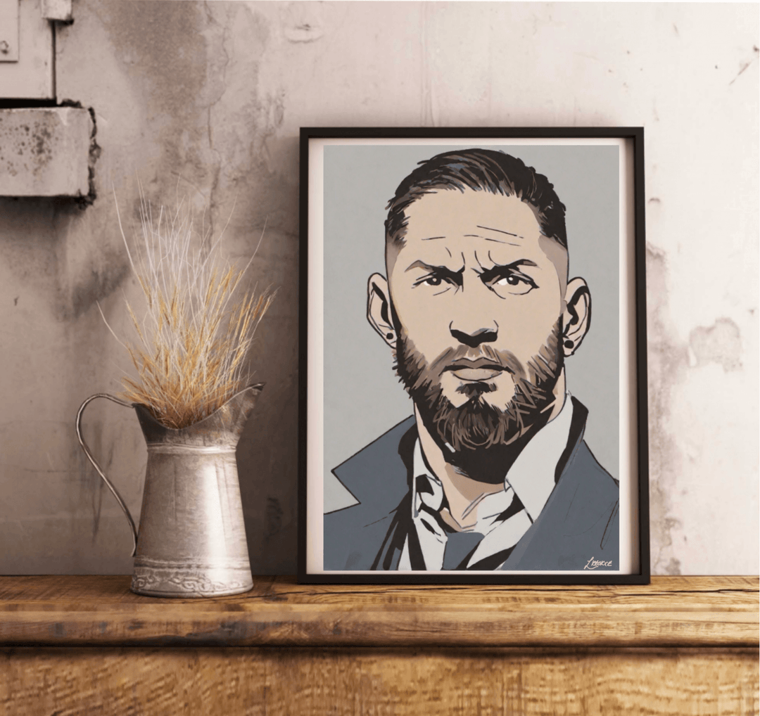 Introducing our "Tom Hardy Cartoon-Styled Portrait" – a charming addition to any space that captures the brooding essence of this iconic actor! This framed illustration features Tom sporting a beard and exuding a serious vibe in his sharp collared shirt and jacket. The print's bold design truly stands out with its vibrant yet muted color palette and striking outlines. Imagine it propped beautifully against a pristine white wall, sitting on a wooden floor, ready to lend an artistic flair to your room. Perfec