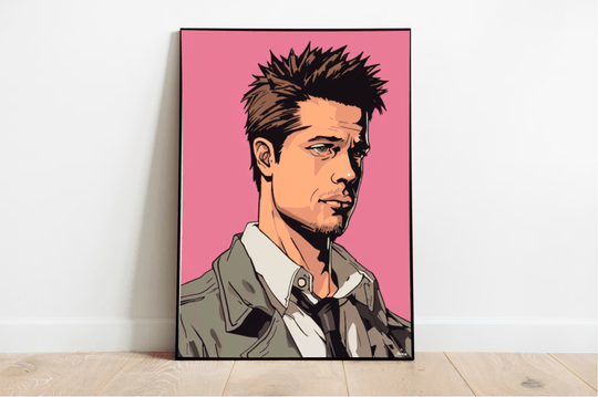 Check out this awesome "Tyler Durden Fight Club Artwork Print" that's sure to catch your eye! Featuring a bold pop art style, it brings the iconic character to life with his spiky brown hair and well-groomed beard. Dressed in a sharp collared shirt, tie, and coat, Tyler stands out against a vibrant pink backdrop. The framed piece is casually propped against a white wall on a light wooden floor, adding a touch of edgy charm to any room. Perfect for fans of the iconic film or lovers of unique art pieces!