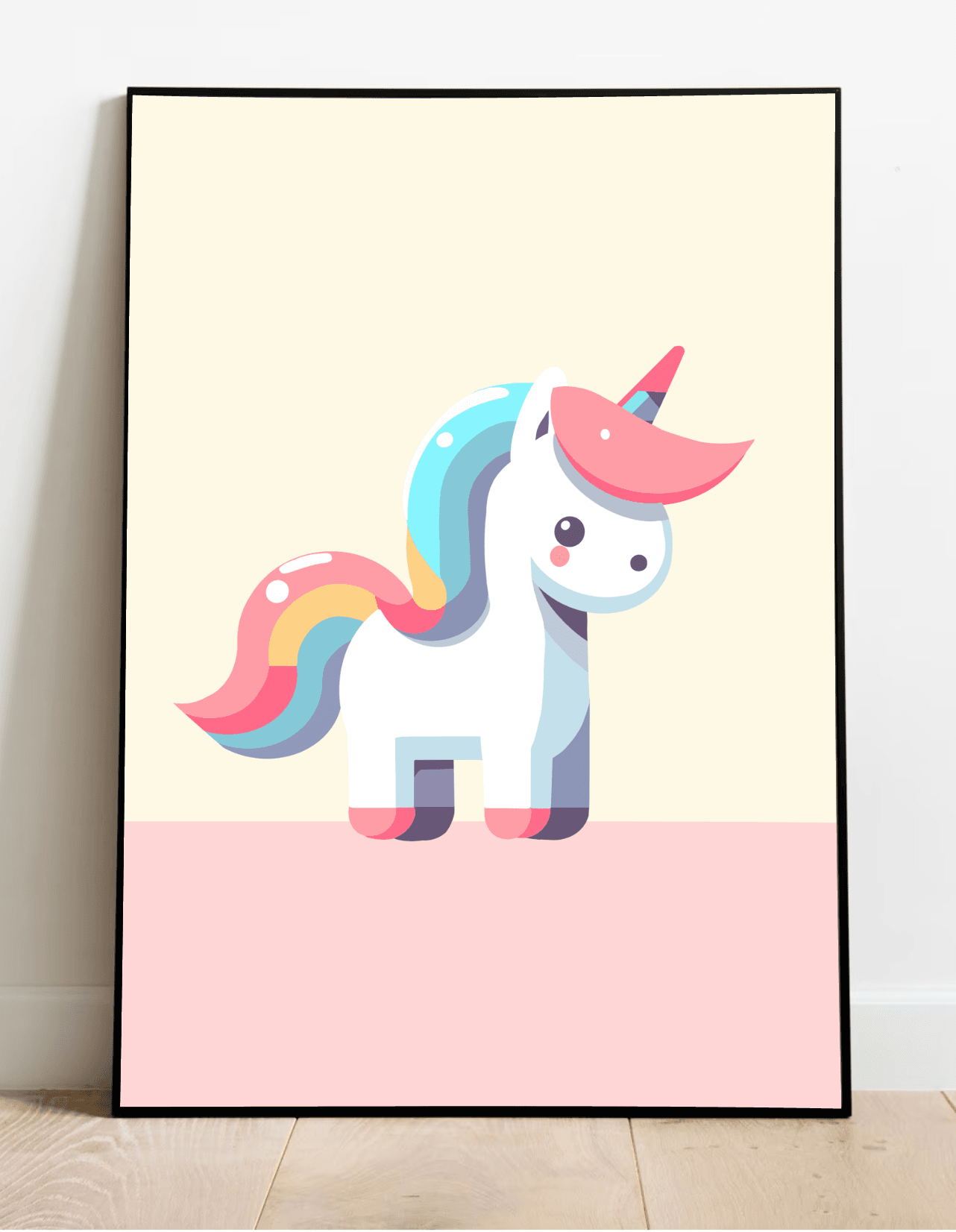 Discover the magic of our framed "Cute Unicorn Print"! This charming piece features a minimalist unicorn adorned with a whimsical pink horn and a rainbow-colored mane and tail. Its enchanting design pops beautifully against an off-white background, resting gracefully on a light pink surface. Perfectly propped against a white wall on a wooden floor, this delightful artwork is sure to add a touch of wonder to any room.