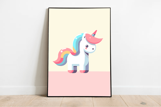 Discover the magic of our framed "Cute Unicorn Print"! This charming piece features a minimalist unicorn adorned with a whimsical pink horn and a rainbow-colored mane and tail. Its enchanting design pops beautifully against an off-white background, resting gracefully on a light pink surface. Perfectly propped against a white wall on a wooden floor, this delightful artwork is sure to add a touch of wonder to any room.