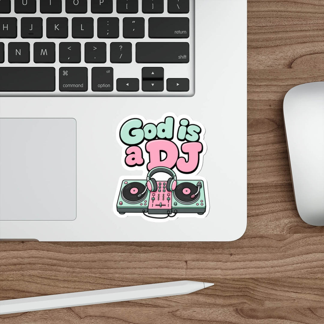 Cute God Is A DJ Christian sticker featuring pastel DJ turntables, headphones and bold retro lettering.
