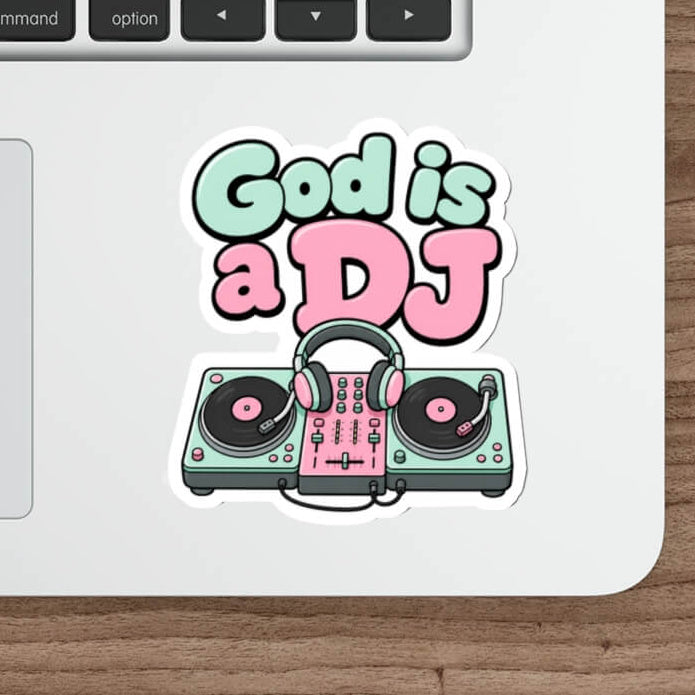 Cute God Is A DJ Christian sticker featuring pastel DJ turntables, headphones and bold retro lettering.
