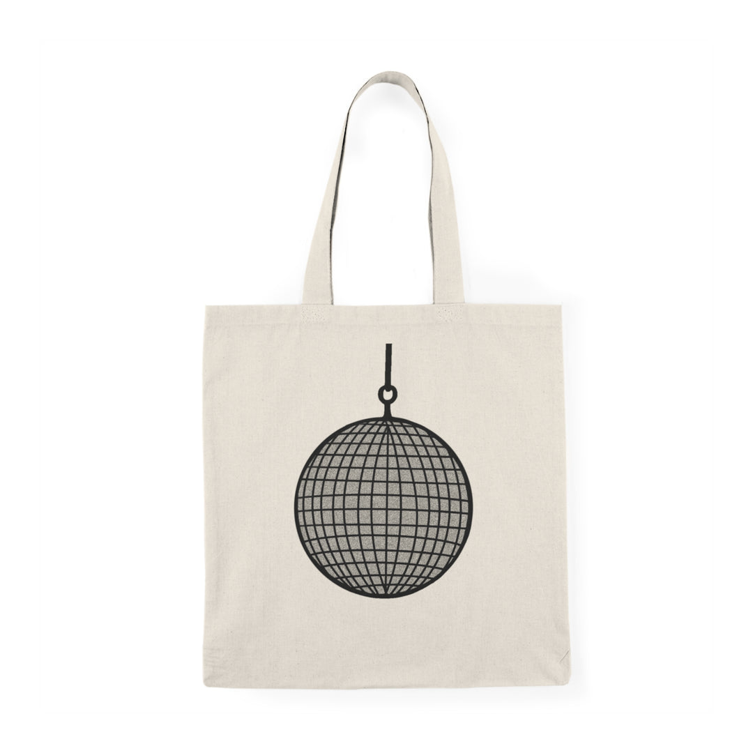 Tote bag featuring a vibrant illustration of a sparkling disco ball, reflecting colorful lights and evoking a sense of fun and nostalgia. The playful design and bright colors make it a perfect accessory for party lovers and anyone wanting to add a touch of retro flair to their everyday style."